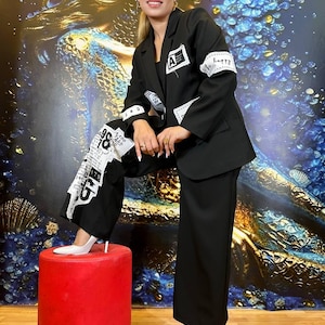 Women’s Black Pantsuit – Blazer Wide Leg Pants with Patchwork Design