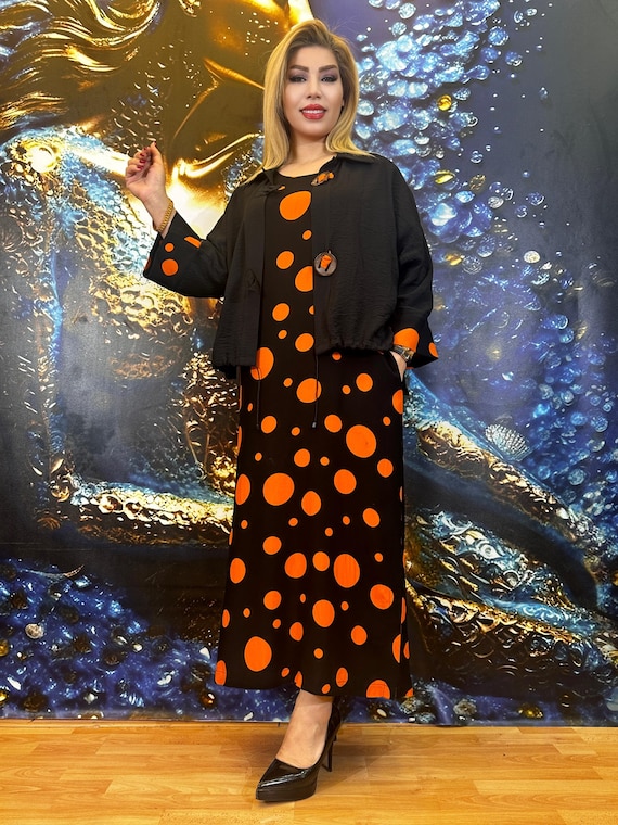 Black Orange Polka Dot Maxi Dress and Short Jacket Set for Women