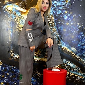 Striped Blazer Pants Suit: Embroidered Heart & Butterfly Patchwork - Elegant Two Piece Set