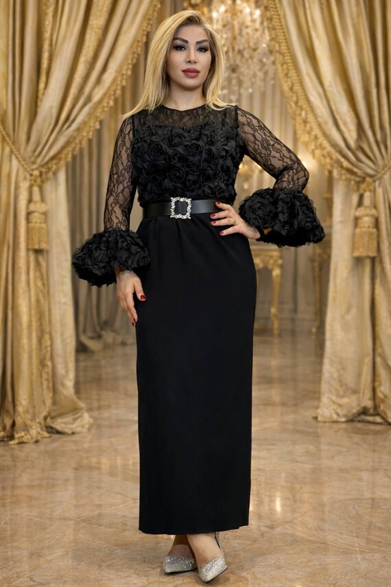 black lace dress with gold belt Lovely Lace Chain Belt Maxi Dress