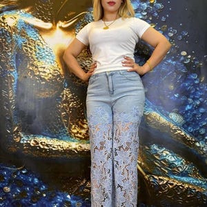 Florale Spitze Stretch-Denim Jeans - Elegantes Damen Design (105 cm Länge)