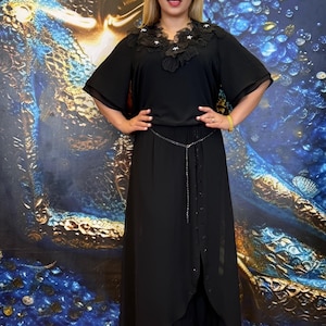 Plus Size Black Chiffon Pant Set: Lace Floral Evening Outfit