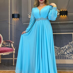 Sky Blue Chiffon Maxi Dress: Crystal Beaded Evening Gown