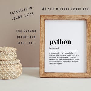 Peut inclure: Une impression d'art mural encadrée présentant une définition de type dictionnaire du mot python. Le texte indique : python [pai thuhn] a binary reptile - very binary, folks - says it's super readable, hands you a nice cup of tea, and then BOOM, a TypeError because you mixed an integer with a string. Beautiful language, tremendous struggles, absolutely worth it.
