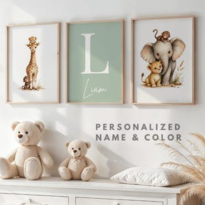 Set de 3 affiches numériques, prénom personnalisé, lettre initiale, déco chambre bébé safari, girafe éléphant singe lionceau, boho neutre
