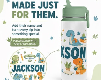 Botella de agua infantil personalizada con nombre, botella de agua escolar a prueba de fugas, botella de acero inoxidable de 600 ml, pajita plegable, dinosaurio