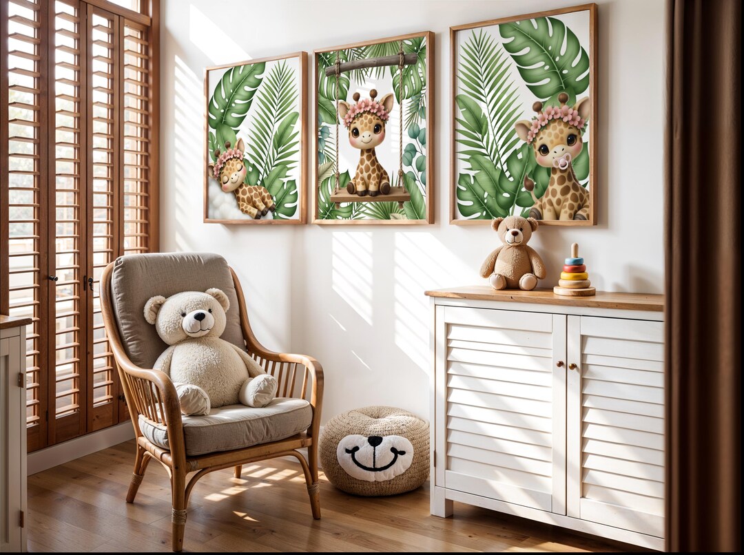 Giraffe Safari Nursery Wall Art – Jungle Baby Room Decor – Soft Kids ...