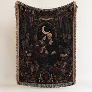 Skeleton Couple Woven Blanket, Gothic Romance Tapestry Throw, Moonlit Dark Botanical Decor