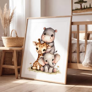 Póster apilado de hipopótamo, jirafa y elefante | Póster bohemio de safari de animales para habitación infantil | Decoración africana en acuarela para habitación de bebé