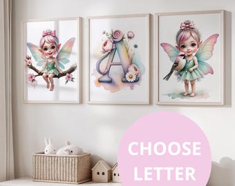 Set 3 affiches fée kawaii personnalisée initiale | décoration chambre bébé fille | affiche aquarelle fée fleurie pastel | cadeau naissance