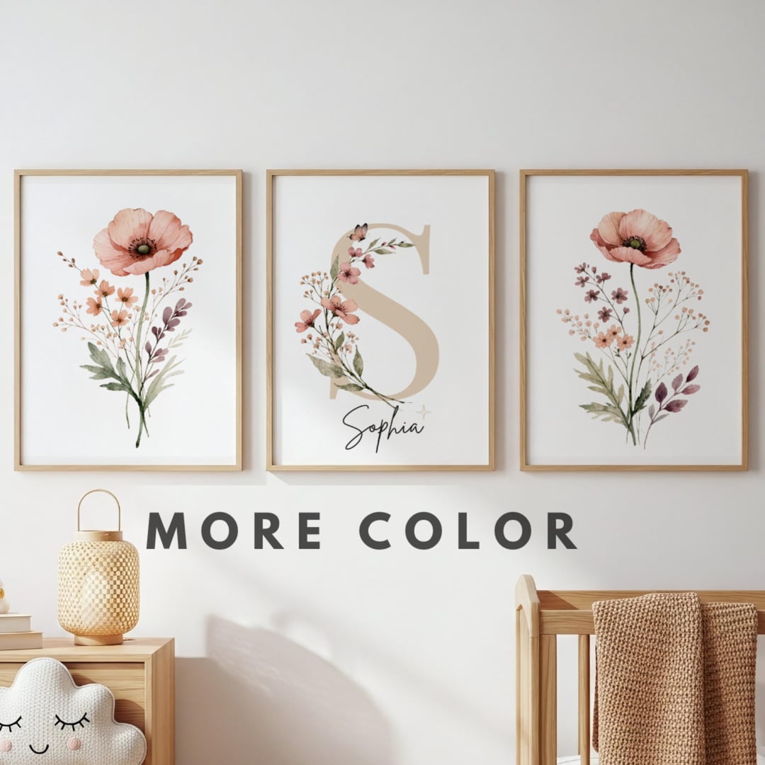 Floral Nursery Wall Art Set of 3, Personalized Name Initial Print, Baby ...