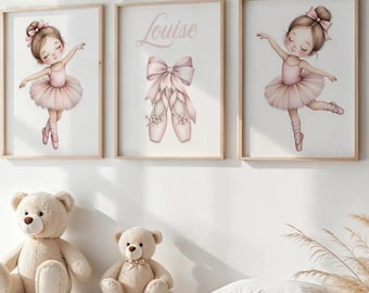 Tríptico personalizado de bailarina para habitación infantil con nombre | Marco de madera en blanco y negro | Decoración rosa para habitación de niña bailarina