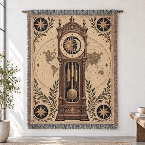 May include: A woven tapestry blanket featuring a central brown grandfather clock with a sun and moon clock face. The background displays a world map, four compass stars in the corners, and decorative foliage, finished with a fringed edge.