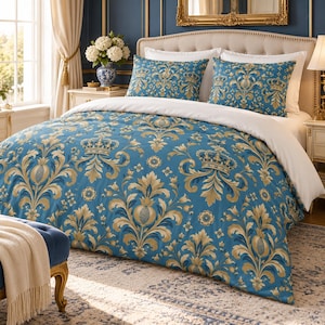 Cotton Duvet Cover Set, Blue Royal Crown Print with 2 Pillow Shams