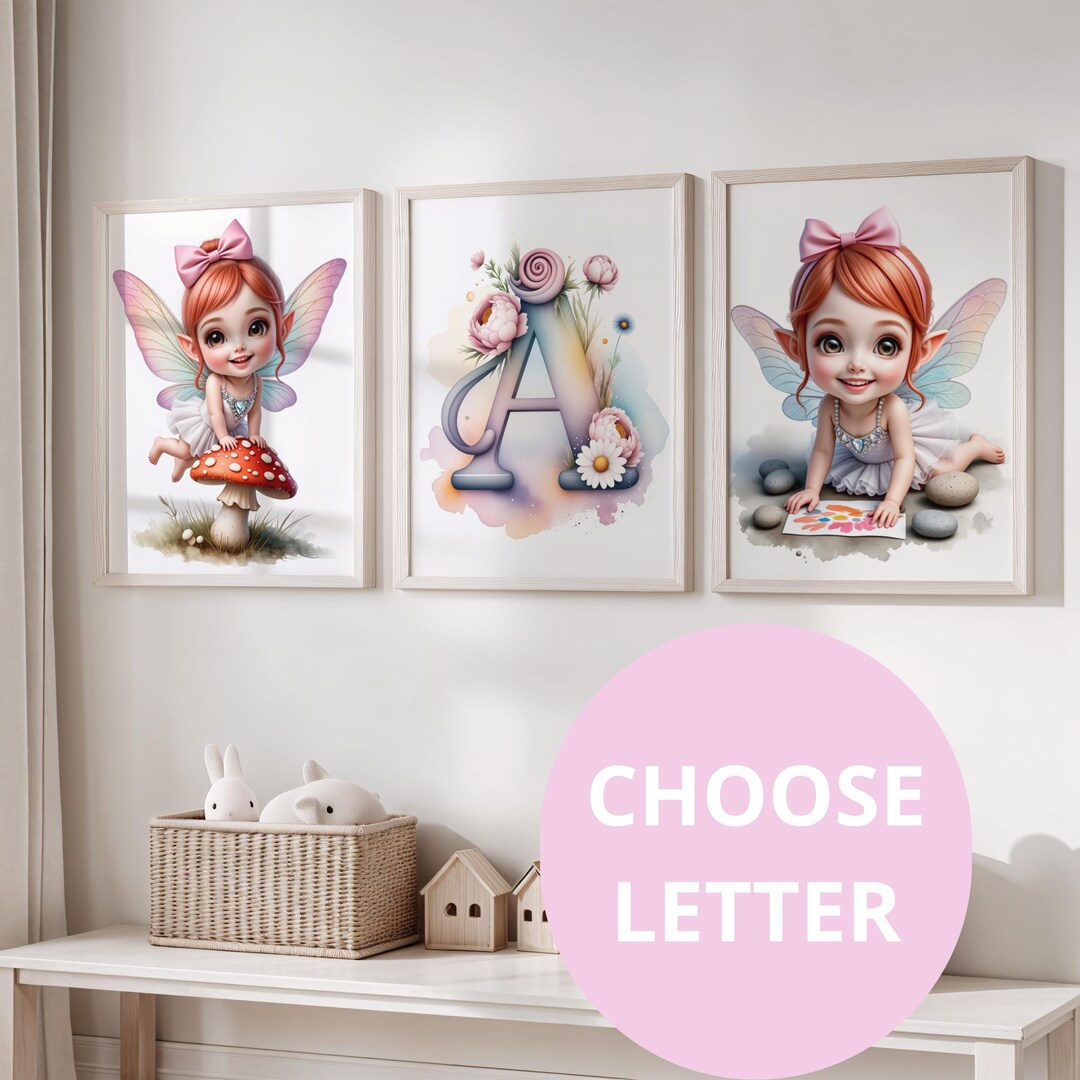 Set 3 Cute Woodland Fairy Mushroom Prints Personalized Initial ...