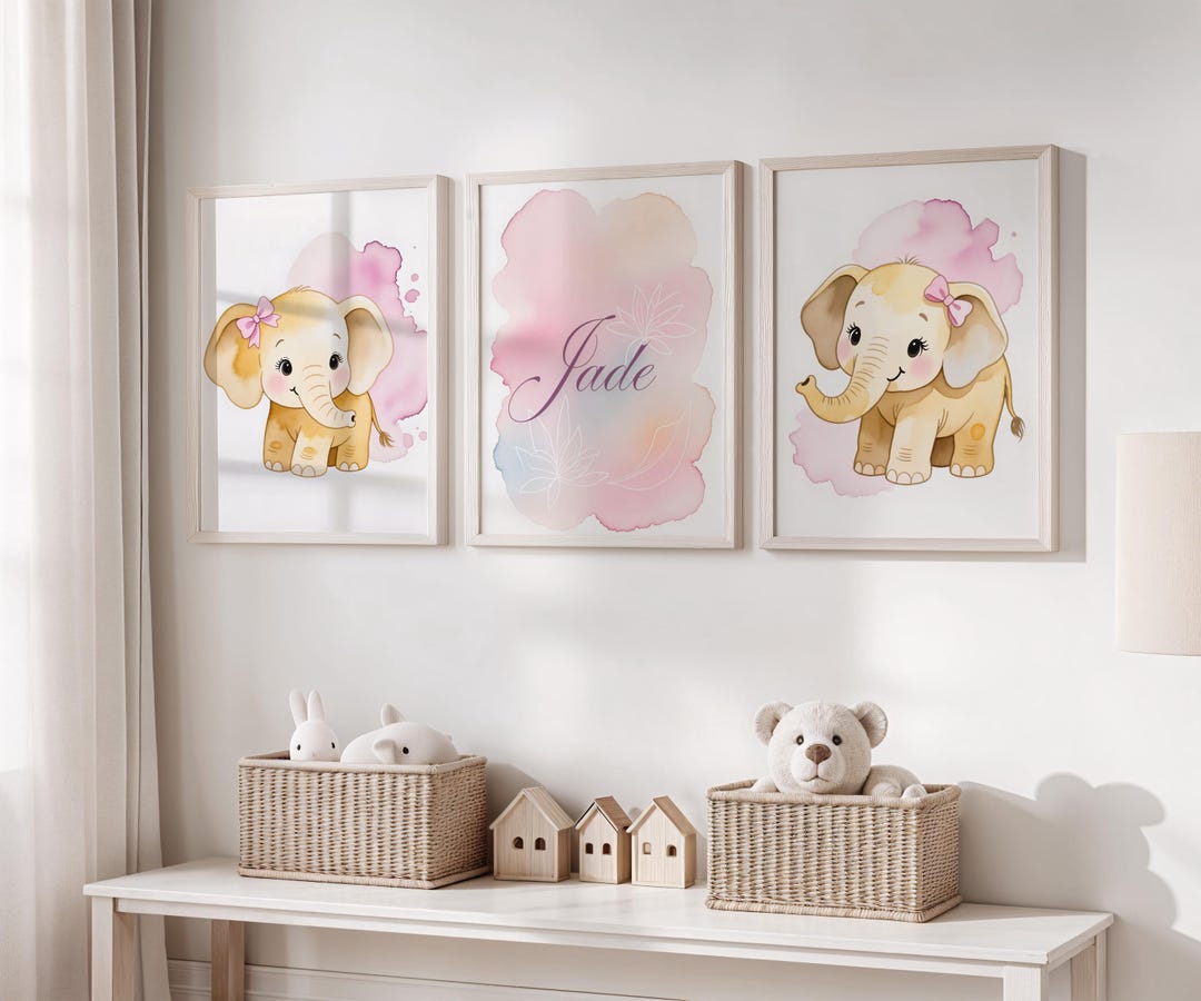 Set of 3 Elephant Baby Nursery Wall Art Prints, Personalized Name ...