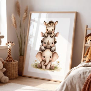 Zebra Rhino Elephant Nursery Print | Stacked Baby Safari Animals | African Rhino Wall Art | Cute Baby Room Decor Download