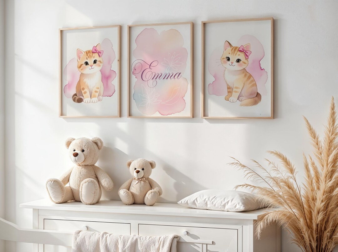 Kitten Nursery Wall Art Set (3 Prints), Personalized Name Center, Pink ...