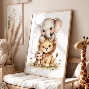 Elephant Lion Monkey Nursery Art Print | Stacked Baby Safari Animals | Lion Themed Nursery Lion Lamb Elephant Wall Art | Baby Room Download