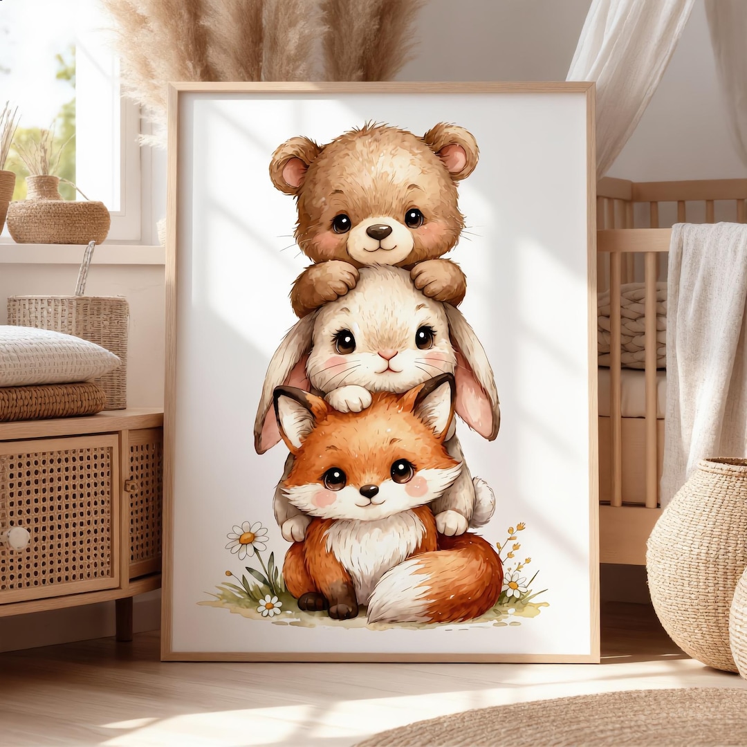 Woodland Print Bear Rabbit Fox, Kids Room Decor, Nursery Art, Digital ...