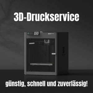 Könnte beinhalten: Ein dunkelgrauer 3D-Drucker mit dem Text "3D-Druckservice" oben und "günstig, schnell und zuverlässig!" unten. Der Drucker hat eine transparente Tür, die die inneren Komponenten zeigt.