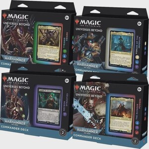 May include: Four Magic: The Gathering Universes Beyond Warhammer 40,000 Commander Deck boxes. The boxes feature artwork of Tyranid Swarm, Forces of the Imperium, Necron Dynasties, and The Ruinous Powers, each displaying a prominent legendary creature card.