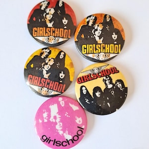 Vintage Girlschool Badge Set, 1980s All-Female Rock Band Pins, NWOBHM Collectibles