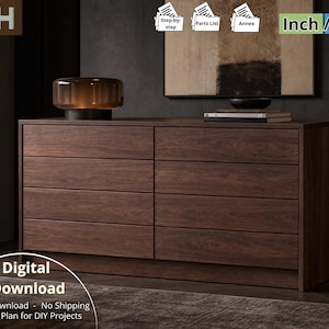 Könnte beinhalten: Ein digitaler Bauplan zum Herunterladen für eine dunkelbraune Holzkommode mit acht Schubladen. Die Grafik enthält den Text WPH, Step-by-step, Parts List, Annex, Inch / CM, sowie Digital Download, Instant Download - No Shipping, Building Plan for DIY Projects.