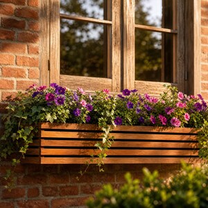 Puede incluir: Una jardinera rectangular de madera con listones horizontales, llena de flores de petunia púrpuras y rosas vibrantes y hiedra verde colgante, montada contra una pared de ladrillo rojo texturizado bajo un marco de ventana de madera.