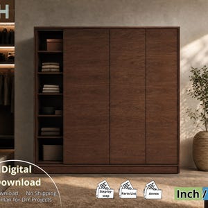 May include: A large, dark brown wooden wardrobe featuring a vertical open shelving unit on the left side with six shelves and three solid doors covering the remaining storage space. The text Digital Download, Step-by-step, Parts List, Annex, Inch, and CM appear.