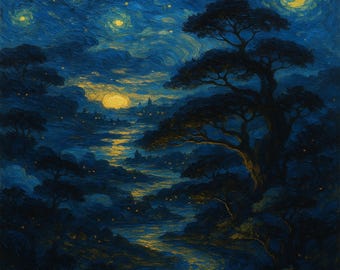 Sternenstrom Landschaft Kunstdruck – Sternenklare Nacht digitaler Download | Fantasy Twilight Fluss Szene | Impressionistische Landschaftswandkunst
