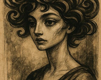 Scripted Gaze Minimalistisches Frauenporträt | Druckbare Kunst in 5 Grössen | Moderne Tuschezeichnung trifft auf klassische bildende Kunst