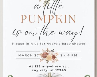 Pumpkin Baby Shower Invitation: Fall Theme, Gender Neutral (Editable Template - Canva Digital Download