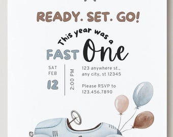 May include: Watercolor birthday invitation with a blue race car, balloons, and checkered flags. Text includes "READY. SET. GO!" and "This year was a FAST One." Details include date, time, and RSVP information.
