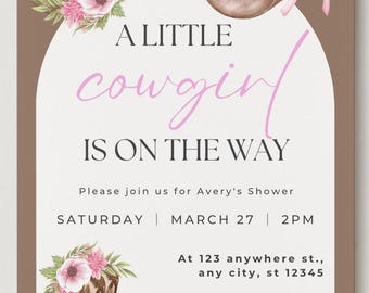 May include: A cowgirl-themed invitation with a brown and white color scheme. The text "A LITTLE cowgirl IS ON THE WAY" is displayed in pink script. The invitation includes a cowboy hat, a wagon wheel, and a pair of boots.