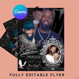 May include: A black and white flyer with images of a man, a dove, and text. The flyer says "Celebrating Kenneth Rogers, Celebration of Life, October 1, 2023, Viewing 10 AM, Service 11 AM, Grace Temple, Fully Editable Flyer."