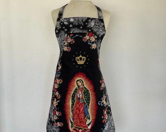 Guadalupe Full Apron-Angels-Black and White Roses-Washable Cotton-Alexander Henry Appliqué Pocket-Reversible-Lined