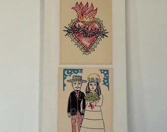 Sacred Heart and Folklorico Couple Towel-Vintage Alexander Henry Fabric-Embroidered Appliqué-Washable Cotton