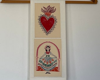 Sacred Heart and Folklorico Woman Towel-Vintage Alexander Henry-Embroidered Appliqué-Washable Cotton