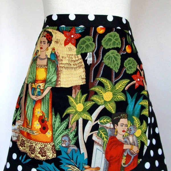 Frida K 1/2 Apron-Folklorico-Artist-Hearts-Milagros-Monkeys-Parrots-Garden-Appliqué Pocket-Washable Cotton-Reversible-2 Aprons in 1