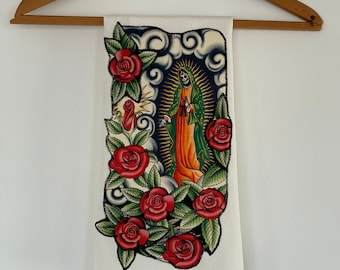 Guadalupe Calavera with Roses Tea Towel-Day of the Dead-Dia de los Muetos-Embroidered Appliqués-Washable Cotton