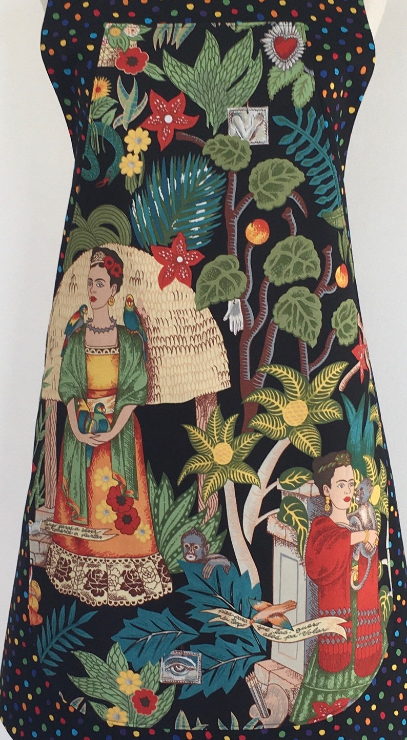 Frida's Garden Artist Full Apron-Monkeys-Parrots-Flowers-Folklorico Appliqué Pocket-Washable Cotton-Lined-Reversible-2 Aprons in 1 image 5