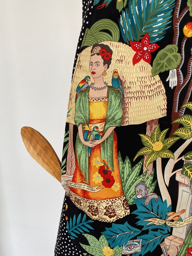 Frida's Garden Artist Full Apron-Monkeys-Parrots-Flowers-Folklorico Appliqué Pocket-Washable Cotton-Lined-Reversible-2 Aprons in 1 image 4