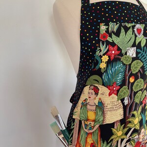 Frida's Garden Artist Full Apron-Monkeys-Parrots-Flowers-Folklorico Appliqué Pocket-Washable Cotton-Lined-Reversible-2 Aprons in 1 image 9