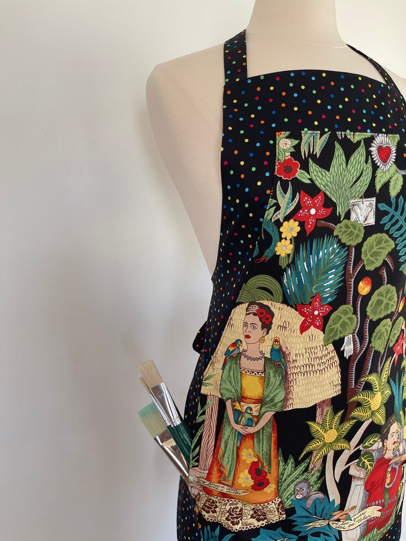 Frida's Garden Artist Full Apron-Monkeys-Parrots-Flowers-Folklorico Appliqué Pocket-Washable Cotton-Lined-Reversible-2 Aprons in 1 image 9