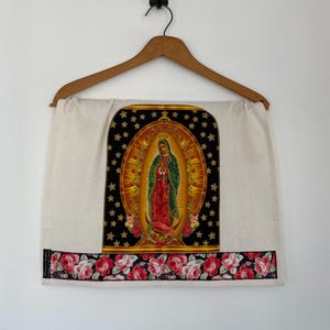 Guadalupe-Roses on Black Tea Towel-Virgin Mary-Blessed Mother-Folklorico-Goddess-Washable Cotton