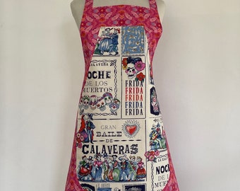 Frida K Skeletons Full Apron-Day of the Dead-Muertos-Baile Calavera-A Henry Appliqué Pocket-Washable Cotton