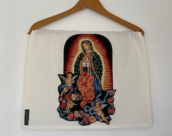 Guadalupe-Roses and Angels Tea Towel-Virgin Mary-Blessed Mother-Folklorico-Goddess-Embroidered Appliqués-Washable Cotton