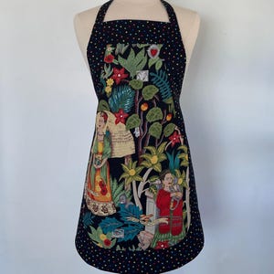 Frida&#39;s Garden Artist Full Apron-Monkeys-Parrots-Flowers-OOP Out of Print Alexander Henry Appliqué Pocket-Cotton-Lined-Reversible