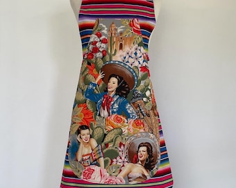 Cowgirl-Senoritas Schürze-Vintage Filmstars-Südwesten Pin Ups-OOP Alexander Henry-Baumwolle-Applikation Taschen-Reversibel